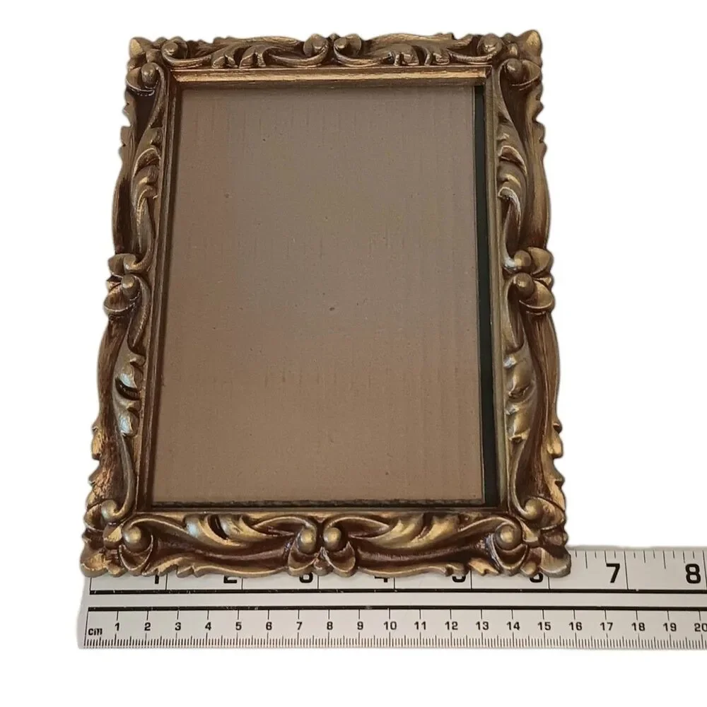 VTG 1973 Gold Bronze Photo Frame Resin Faux Carved Wood Ornate Scroll 8.25x6.25
